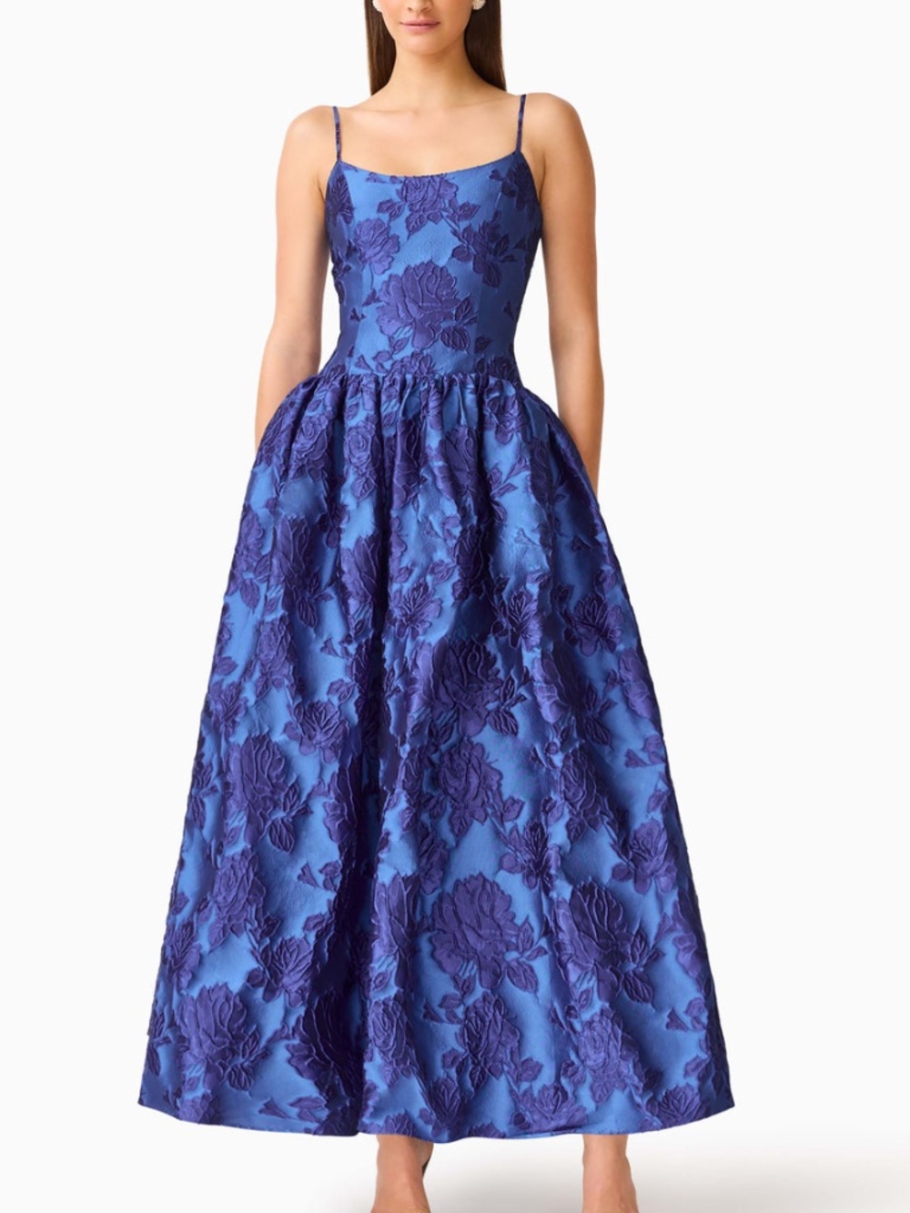 Elliatt Sorelle A-Line Coal Blue Gown Maxi Dress Floral Jacquard - SMALL